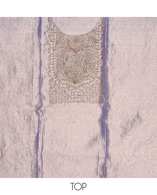 Blue chudidhar material set, neck embroidered tissue top, plain bottom & zari floral buttas chanderi silk dupatta