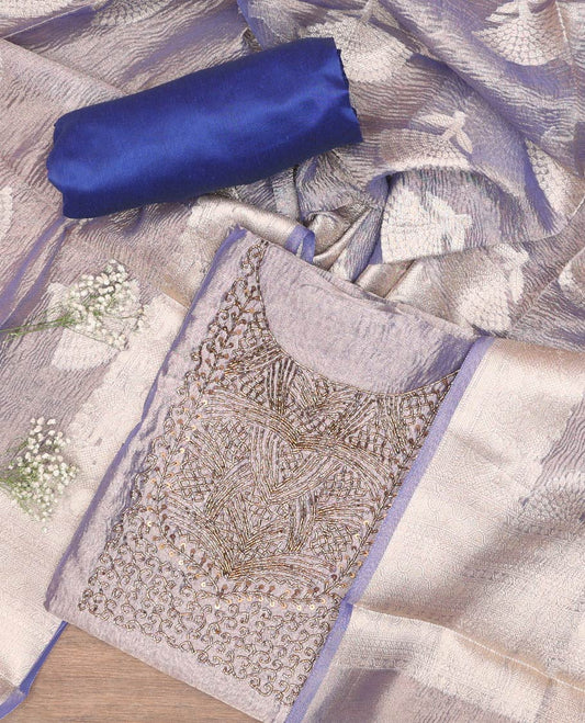 Blue chudidhar material set, neck embroidered tissue top, plain bottom & zari floral buttas chanderi silk dupatta