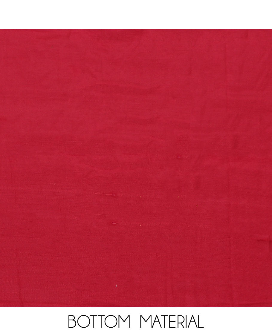 Red material chudidar set, hand-painting style Pichwai lotus, cow and peacock printed top, plain bottom and dupatta mirrors the same top print