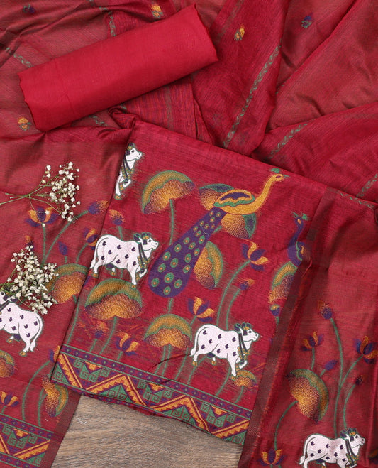 Red material chudidar set, hand-painting style Pichwai lotus, cow and peacock printed top, plain bottom and dupatta mirrors the same top print