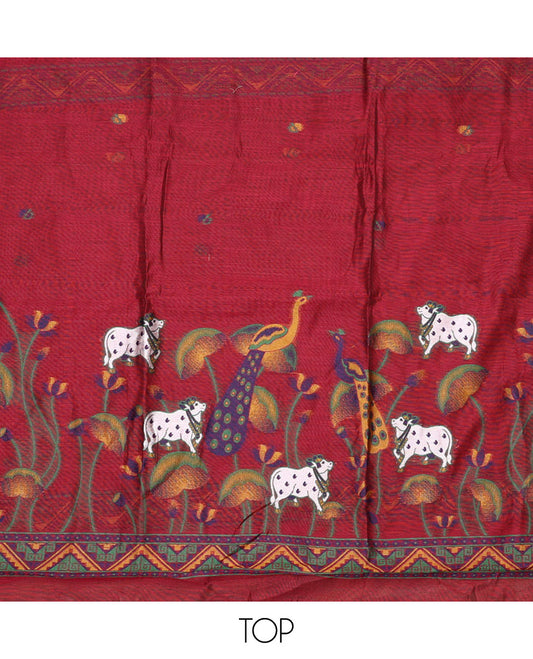 Red material chudidar set, hand-painting style Pichwai lotus, cow and peacock printed top, plain bottom and dupatta mirrors the same top print