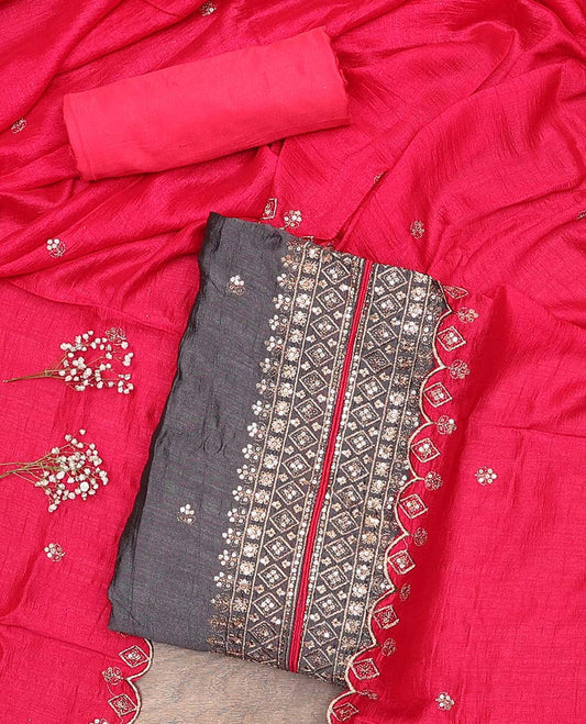 Grey material chudidar set, sequins and thread embroidered top, contrast plain bottom, and scallop embroidered dupatta