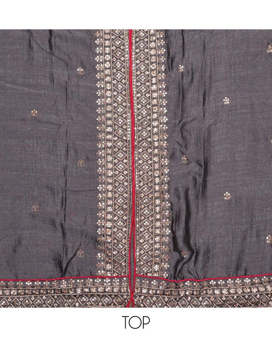 Grey material chudidar set, sequins and thread embroidered top, contrast plain bottom, and scallop embroidered dupatta