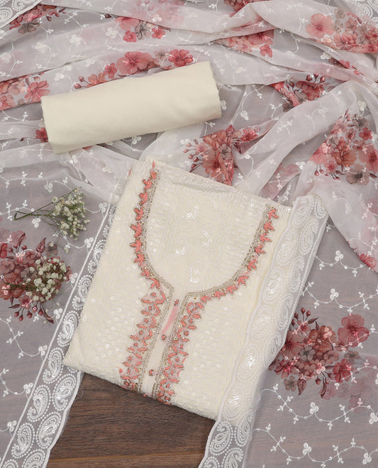 Cream and Peach Material Chudidar Set, Beautified with Chikankari-Style Thread and Sequins Embroidered on Georgette Top, a Plain Santoon Bottom, and Paired with a Floral Print and Chikankari-Style Embroidered Georgette Dupatta