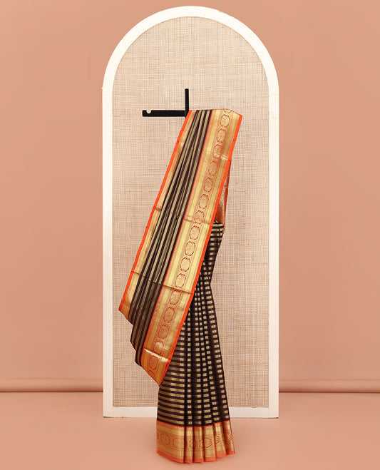 Brown Venkatagiri Silk Saree, Bedecked with Zari Stripes All Over Its Body, Complemented by a Contrast Traditional Zari Border of Round Peacock Designs, Jaal Design Pallu, and Paired with a Contrast Blouse