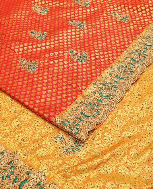 Red jacquard embroidered silk saree, contrast stone embroidered scallop border & floral jaal woven stone embroidery pallu
