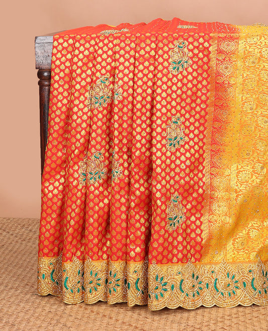 Red jacquard embroidered silk saree, contrast stone embroidered scallop border & floral jaal woven stone embroidery pallu