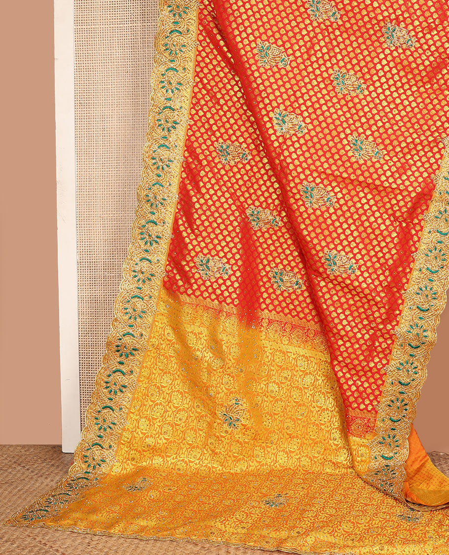 Red jacquard embroidered silk saree, contrast stone embroidered scallop border & floral jaal woven stone embroidery pallu