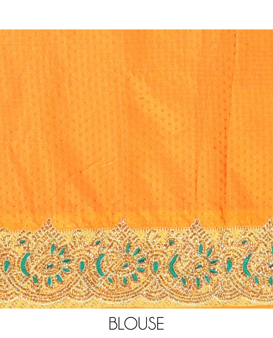 Red jacquard embroidered silk saree, contrast stone embroidered scallop border & floral jaal woven stone embroidery pallu