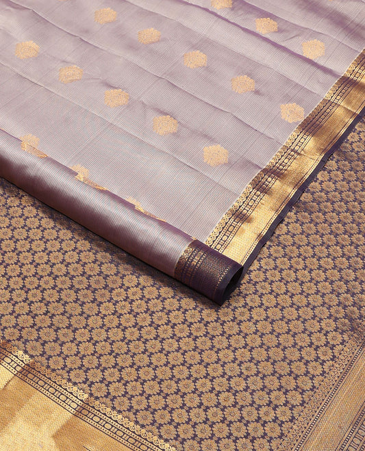 Grey striped, floral buttas vasundhara elite silk saree with contrast traditional zari design border & floral jaal design pallu