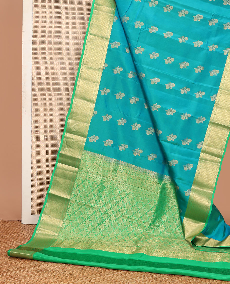 Blue zari buttas Vasundhara silk mix saree, contrast traditional zari border & ogee patterned pallu