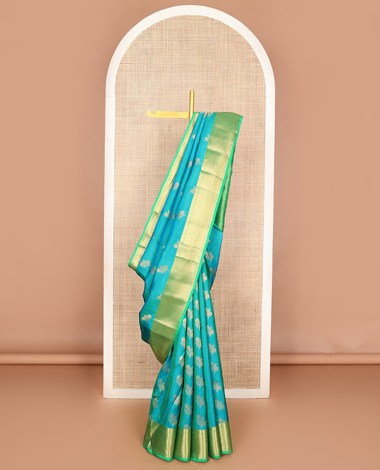 Blue zari buttas Vasundhara silk mix saree, contrast traditional zari border & ogee patterned pallu