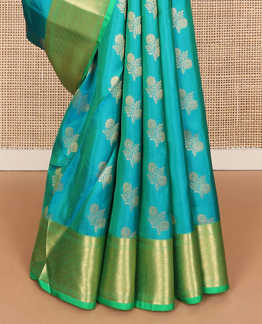 Blue zari buttas Vasundhara silk mix saree, contrast traditional zari border & ogee patterned pallu