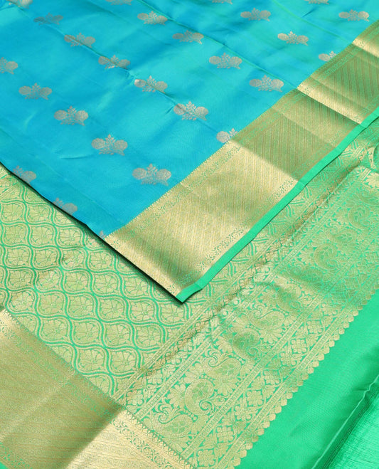 Blue zari buttas Vasundhara silk mix saree, contrast traditional zari border & ogee patterned pallu