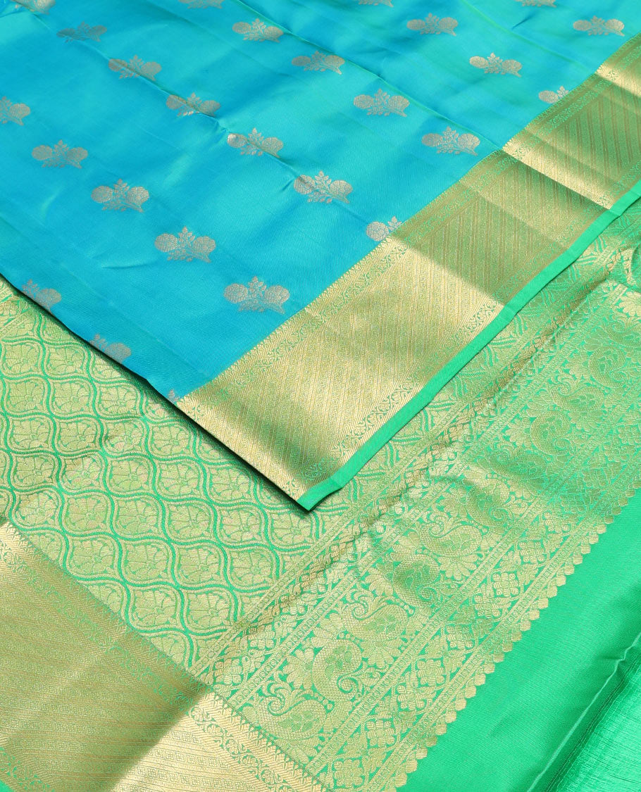Blue zari buttas Vasundhara silk mix saree, contrast traditional zari border & ogee patterned pallu