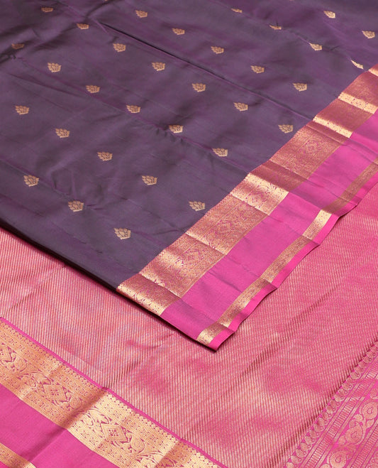 Eggplant purple zari buttas silk saree, contrast rettai pettu traditional zari border & pallu of diagonal zari stripes