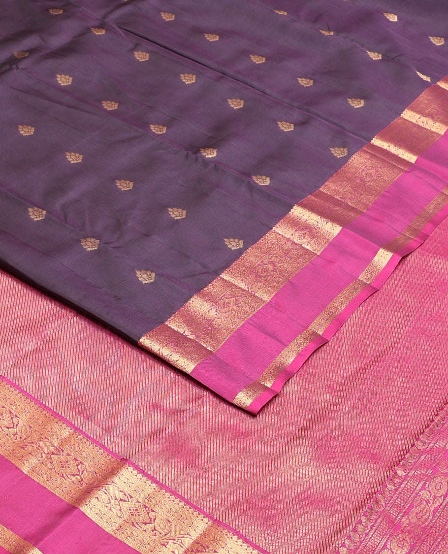 Eggplant purple zari buttas silk saree, contrast rettai pettu traditional zari border & pallu of diagonal zari stripes