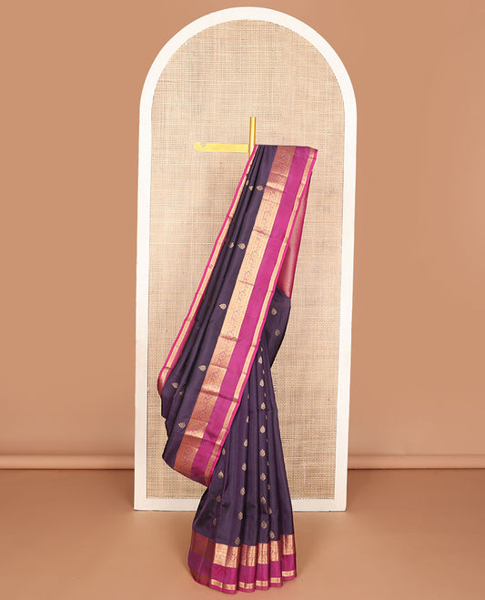 Eggplant purple zari buttas silk saree, contrast rettai pettu traditional zari border & pallu of diagonal zari stripes