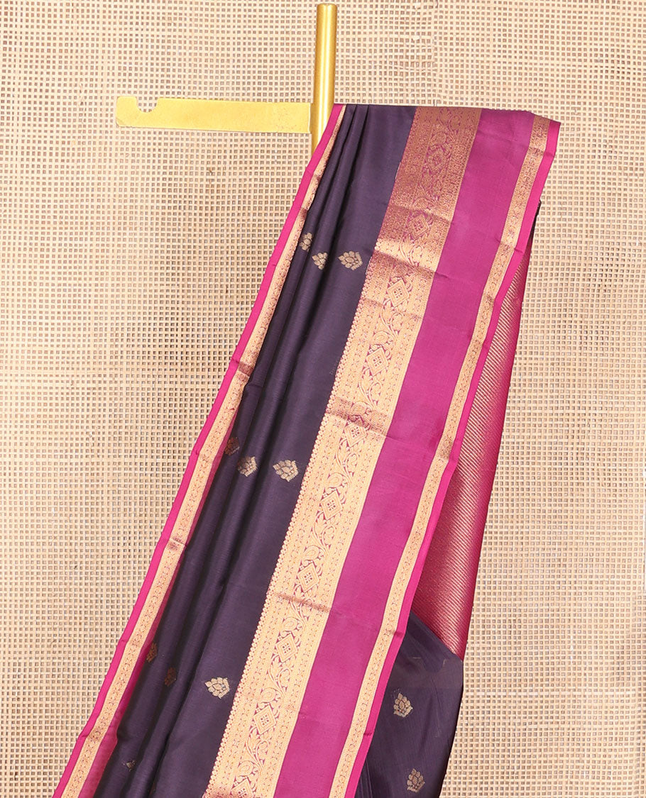 Eggplant purple zari buttas silk saree, contrast rettai pettu traditional zari border & pallu of diagonal zari stripes