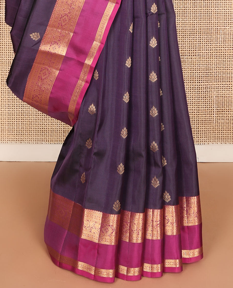Eggplant purple zari buttas silk saree, contrast rettai pettu traditional zari border & pallu of diagonal zari stripes
