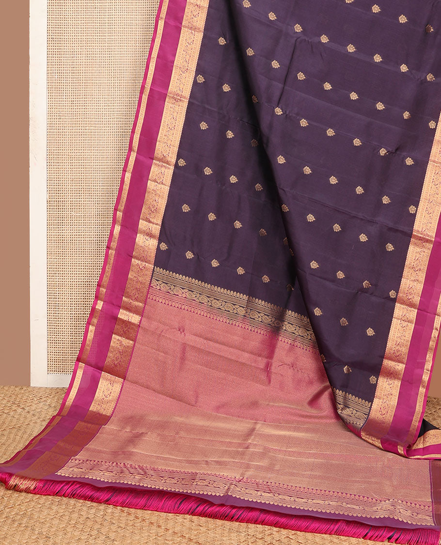 Eggplant purple zari buttas silk saree, contrast rettai pettu traditional zari border & pallu of diagonal zari stripes