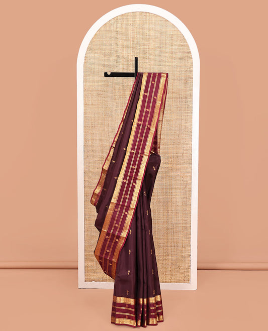 Brown Vasundhara Silk Mix Saree, Adorned with Zari Buttas All Over Its Body, Complemented by Contrast Border of Traditional Zari Designs, Grand Jaal Pallu and Paired with a Contrast Blouse