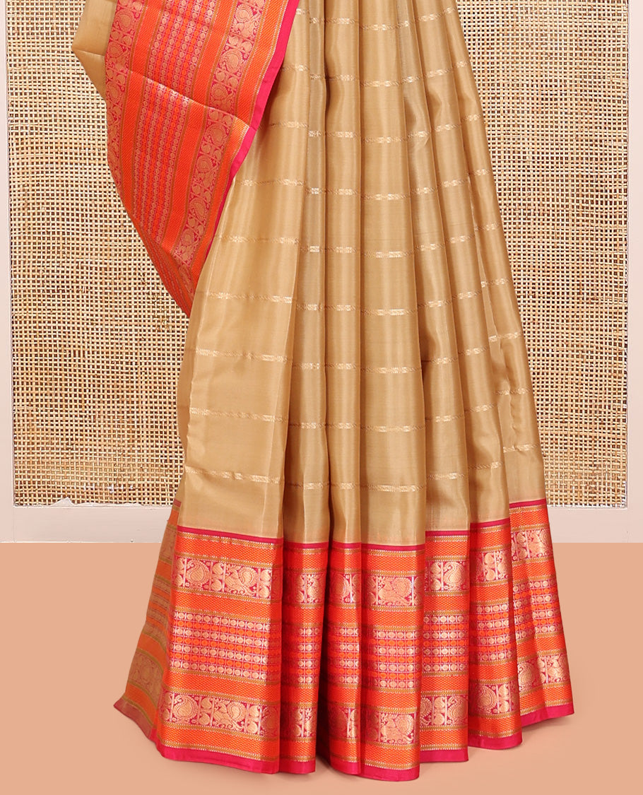 Sandal Vasundhara Lite Silk Mix Saree, Accentuated with Zari Stripes, a Contrast Border of Muthu, Banaras, Mayil Manga, and Poun Designs, Grand Pallu, and a Contrast Blouse