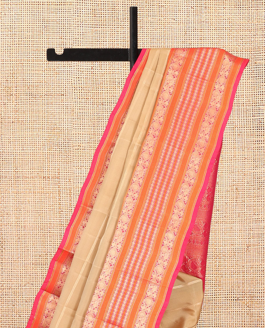 Sandal Vasundhara Lite Silk Mix Saree, Accentuated with Zari Stripes, a Contrast Border of Muthu, Banaras, Mayil Manga, and Poun Designs, Grand Pallu, and a Contrast Blouse