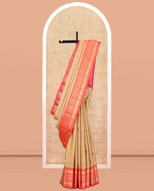 Sandal Vasundhara Lite Silk Mix Saree, Accentuated with Zari Stripes, a Contrast Border of Muthu, Banaras, Mayil Manga, and Poun Designs, Grand Pallu, and a Contrast Blouse