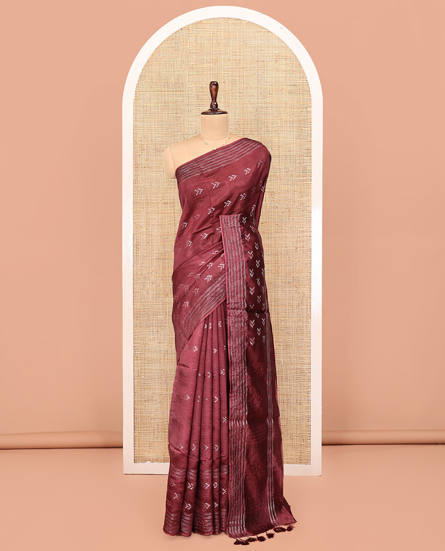 Maroon Banana Pith Saree, Finely Crafted with Buttas All Over Its Body, Subtle Self-Border of Stripes and Buttas, Pallu Steeped with Stripes, and Paired with a Matching Blouse