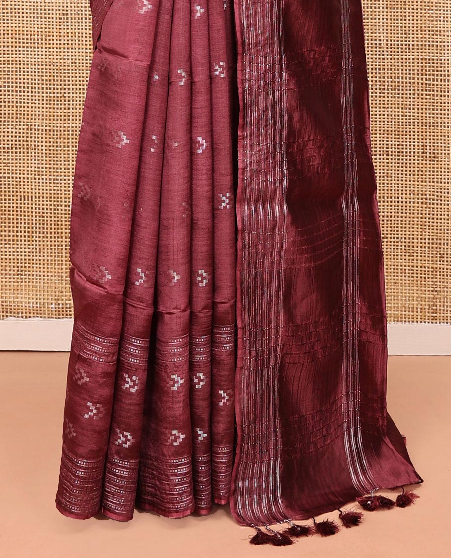Maroon Banana Pith Saree, Finely Crafted with Buttas All Over Its Body, Subtle Self-Border of Stripes and Buttas, Pallu Steeped with Stripes, and Paired with a Matching Blouse