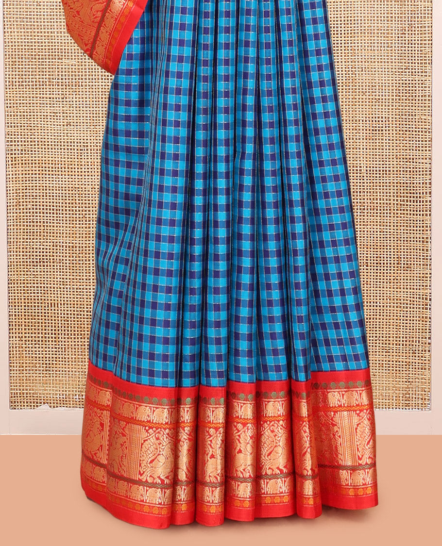 Blue Vasundhara Silk Saree, Woven with Checks, a Contrast Border of Poun, Yaanai, Neli, Mayil, and Yaali Designs, Neli Striped Pallu, and a Contrast Blouse