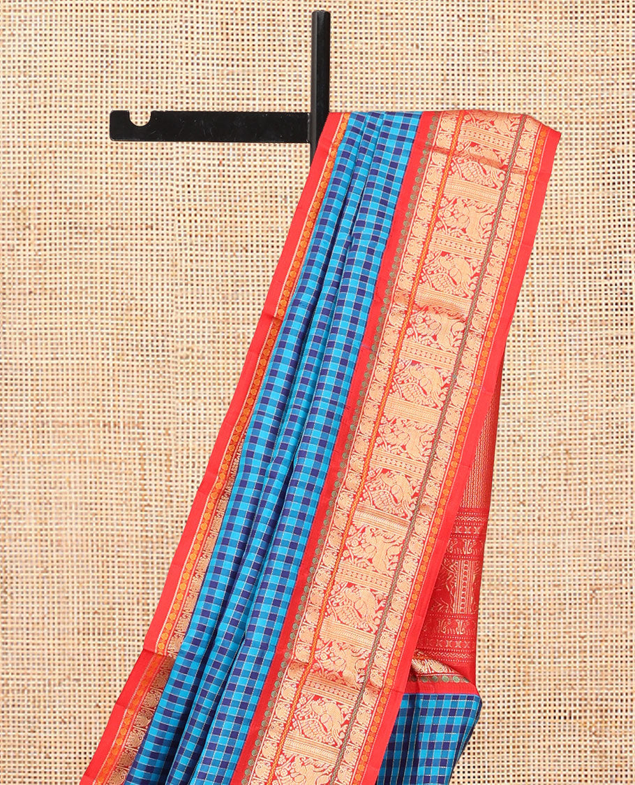 Blue Vasundhara Silk Saree, Woven with Checks, a Contrast Border of Poun, Yaanai, Neli, Mayil, and Yaali Designs, Neli Striped Pallu, and a Contrast Blouse