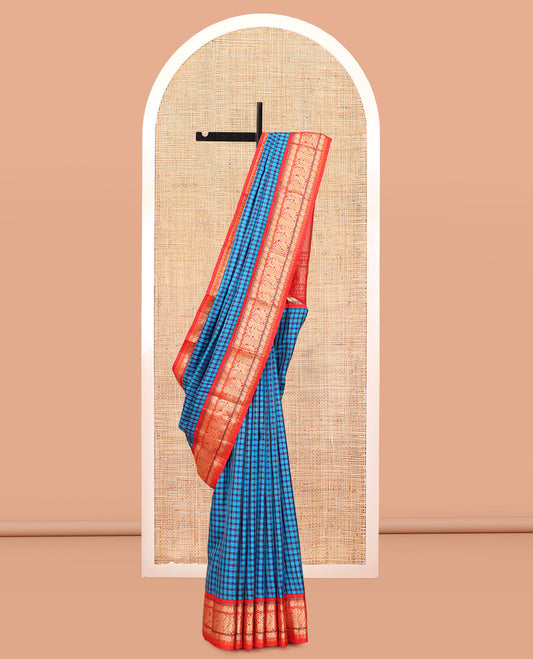 Blue Vasundhara Silk Saree, Woven with Checks, a Contrast Border of Poun, Yaanai, Neli, Mayil, and Yaali Designs, Neli Striped Pallu, and a Contrast Blouse