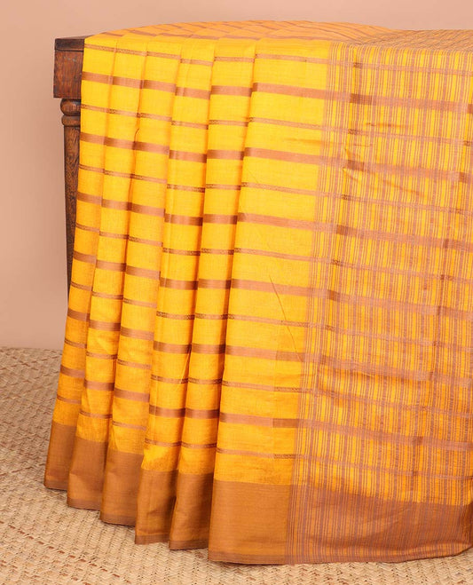 Yellow striped semi-banaras tussar saree with contrast border & checked pallu