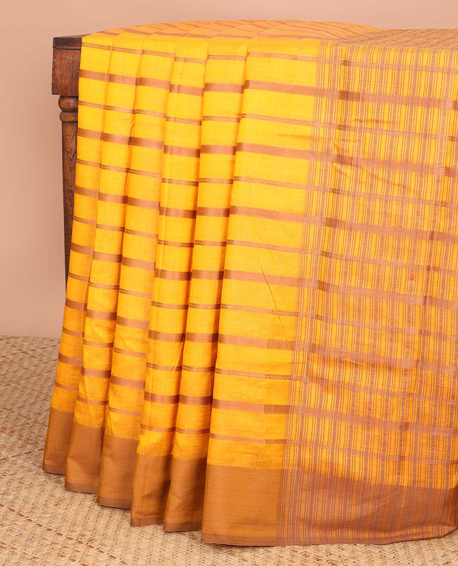 Yellow striped semi-banaras tussar saree with contrast border & checked pallu