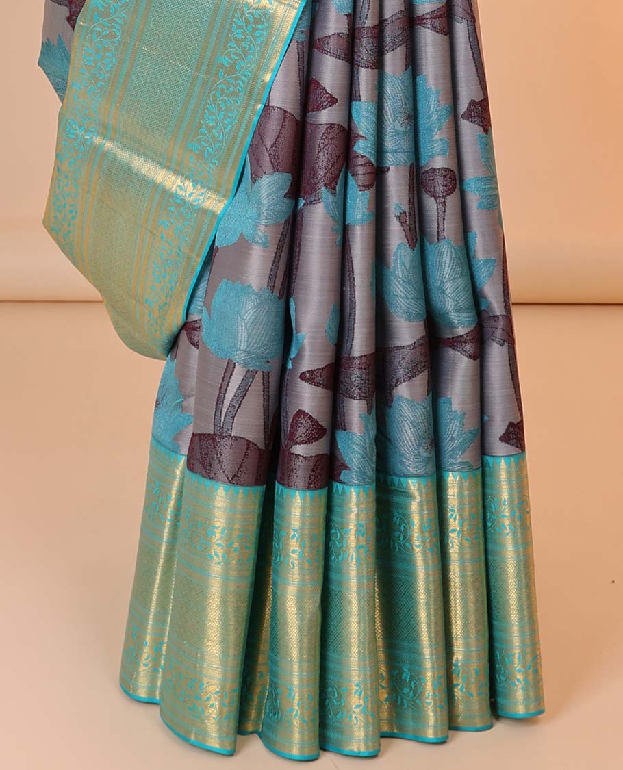 Grey pichwai lotus patterned silksaree,contrast intricate zari pallu & border of rekku,kathir,kodi visiry & jaal designs