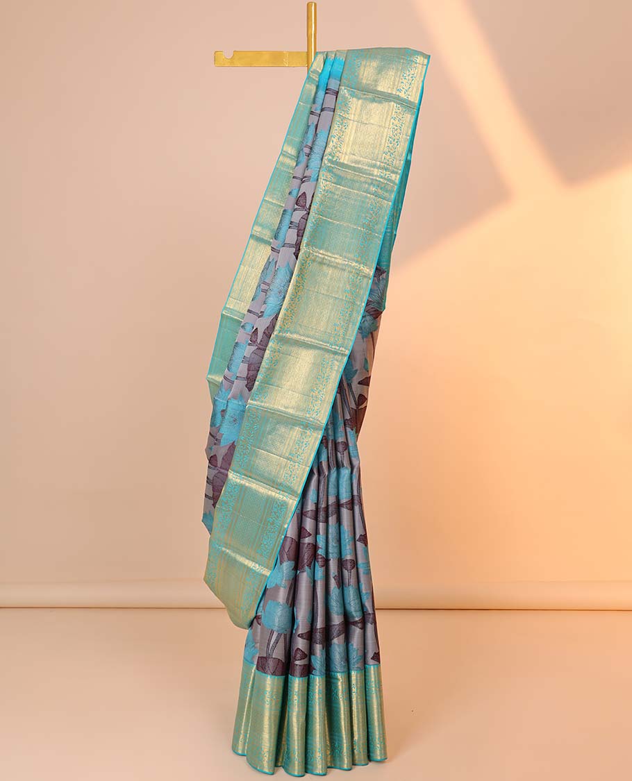 Grey pichwai lotus patterned silksaree,contrast intricate zari pallu & border of rekku,kathir,kodi visiry & jaal designs