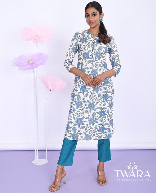 Twara cream floral vine printed Chinese collar with 3/4th sleeve rayon straight-cut below-knee kurti