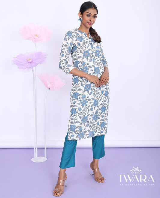 Twara cream floral vine printed Chinese collar with 3/4th sleeve rayon straight-cut below-knee kurti