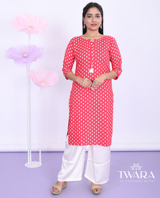 Twara red unique motifs round-neck with 3/4th sleeve rayon straight-cut below-knee kurti
