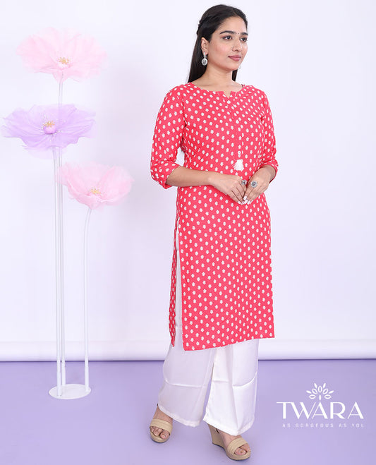 Twara red unique motifs round-neck with 3/4th sleeve rayon straight-cut below-knee kurti
