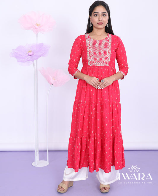 Twara pink embroidered round neck with 3/4th sleeve rayon a-line flared calf-length kurti