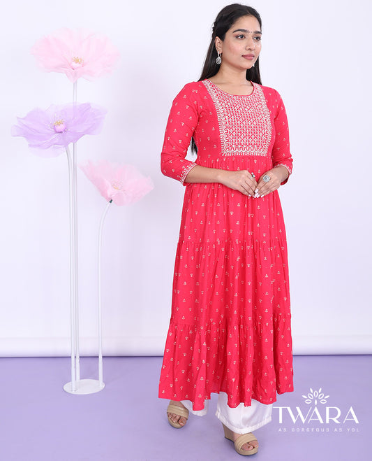 Twara pink embroidered round neck with 3/4th sleeve rayon a-line flared calf-length kurti