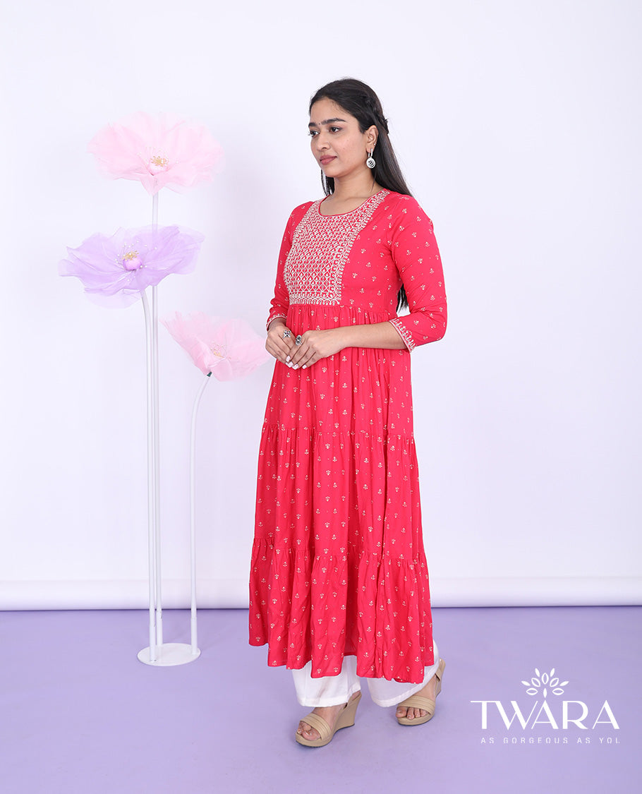 Twara pink embroidered round neck with 3/4th sleeve rayon a-line flared calf-length kurti