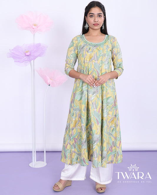 Twara yellow abstract-printed & neck embroidery round neck with 3/4th sleeve cotton a-line calf-length kurti