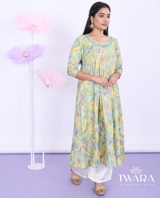 Twara yellow abstract-printed & neck embroidery round neck with 3/4th sleeve cotton a-line calf-length kurti