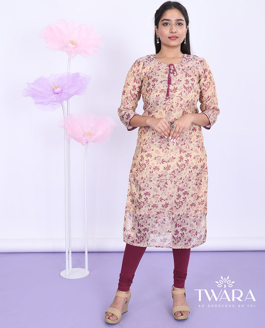 Twara gold floral-printed round neck with 3/4th sleeve tissue straight-cut below-knee kurti