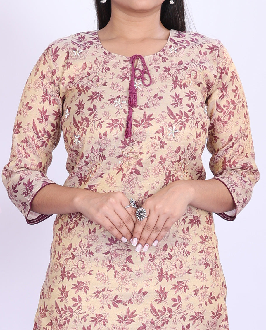Twara gold floral-printed round neck with 3/4th sleeve tissue straight-cut below-knee kurti