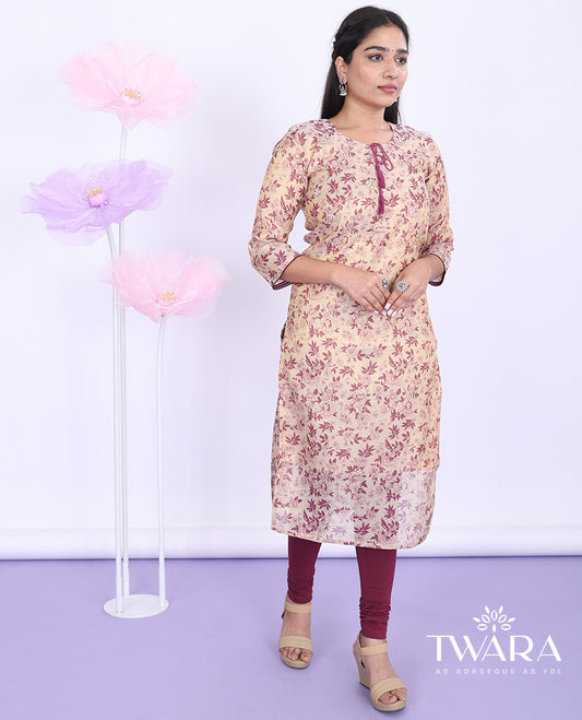 Twara gold floral-printed round neck with 3/4th sleeve tissue straight-cut below-knee kurti
